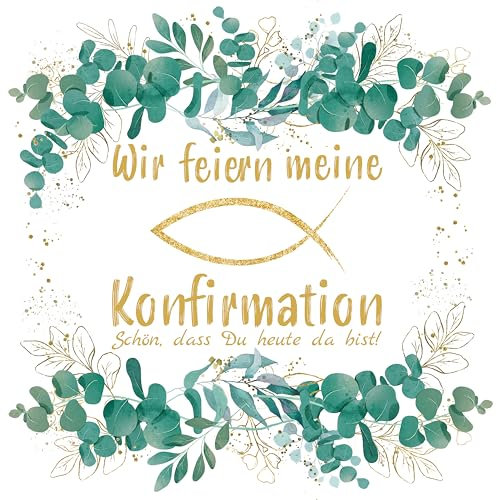 20 Servietten Eukalyptus Konfirmation mit Fisch als Tischdeko mit Spruch Schön, dass Du da bist. Papierservietten mit Fisch. Auch für Decoupage und Serviettentechnik 33x33cm