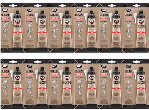 K2 Silicona de Juntas Motor Pack de 12 - Sellador de Silicona para Automoción - Alta Temperatura hasta 350° С - Color Rojo - B2400 Tubo 85g