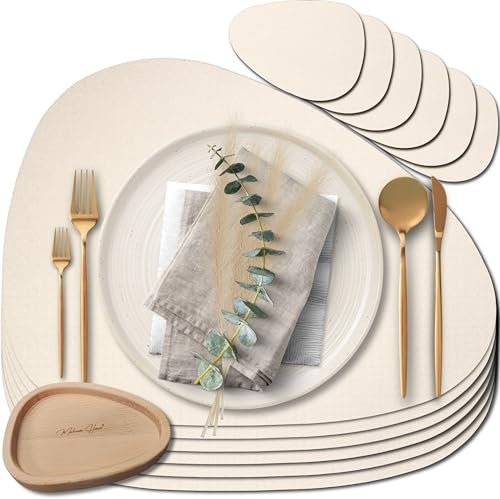 Mahewa® 6er Set Premium Tischset aus Kunstleder - Platzset abwaschbar und wasserdicht - Platzdeckchen Telleruntersetzer in Lederoptik (Cremebeige, Oval mit Halter)