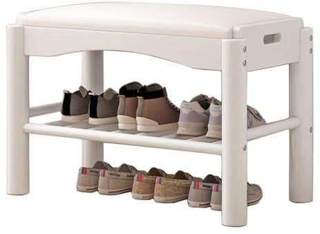 Schuhbank aus Holz, 2-stöckig, stabiler Schuhständer, Aufbewahrungs-Organizer mit Sitzkissen, kleiner Schuh-Organizer für Eingangsbereich, Flur, Schlafzimmer oder Wohnzimmer (weiß)