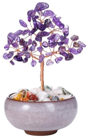 Jovivi 7 Chakra Albero della Vita Soprammobile Decorativo Bonsai Albero della Fortuna in Pietre e Cristalli con Ciotola Ceramica Feng Shui Albero Artificiale Portafortuna Reiki Guarigione - Ametista