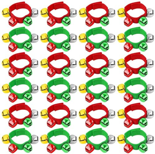 Augshy Glockenband Set, 24 Stück Weihnachts Armbänder Handgelenk Glöckchen mit Rot Grün Gold Silber Glocken Musikinstrumente für Weihnachtsgeschenke, Partyspielzeug