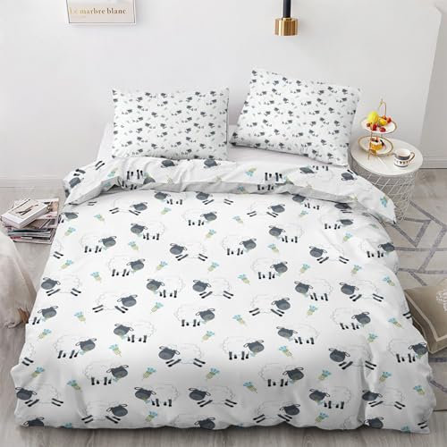 Niedliches Schaf Bettwäsche 135x200 2teilig, Wendebettwäsche & Bettbezug Set, Weiche Kuschelige Mikrofaser Bettwäsche-Sets mit Reißverschluss, 1 Kissenbezug 80x80 cm - T&J100