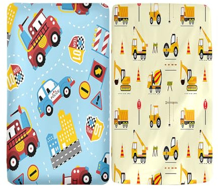 Hiseng 2 Stück Baby Spannbettlaken Bettlaken für Oval & Eckige Matratzen, Weiche Mikrofaser Spannbettlaken Kinderwagen Matratzenschoner für Beistellbett & Kinderwagen (Autos und Bagger,80x160cm)