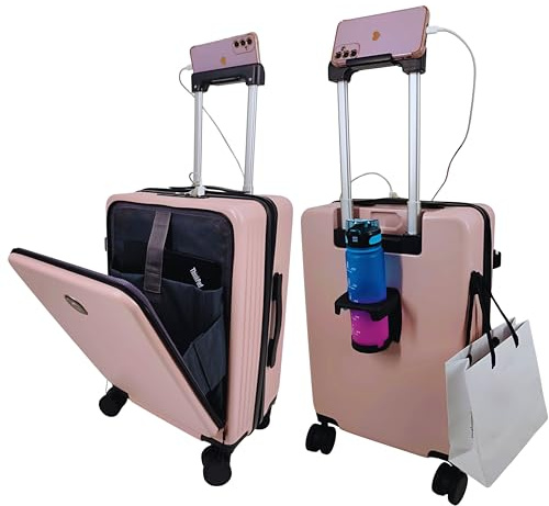 CAMIR-Valigia da cabina con USB Smart Bagaglio Trolley a mano Borsa multiuso Tasca frontale Bagaglio a mano portatile 4 ruote, Valigia da cabina con lucchetto TSA 55x35x23,5 ABS+PC (ROSA)