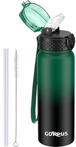 GOPPUS Botella de agua de acero inoxidable de 600 ml con pajilla, botellas aisladas de doble pared con correa, reutilizable, termo al vacío, a prueba de fugas, mantiene las bebidas frías, botellas con
