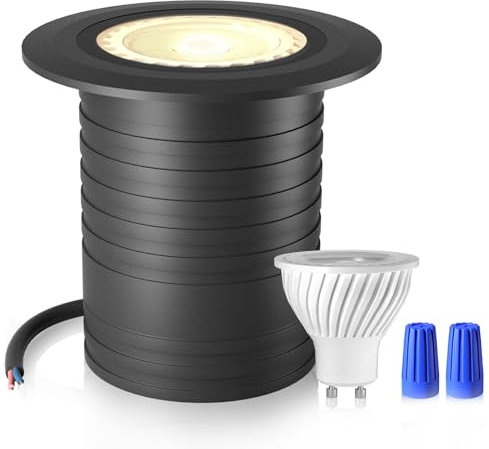 DarisingSun LED Bodeneinbaustrahler schwarz IP67 - Rund Bodenleuchten Außen - 12-24V AC/DC - mit 5W LED GU10 warmweiß