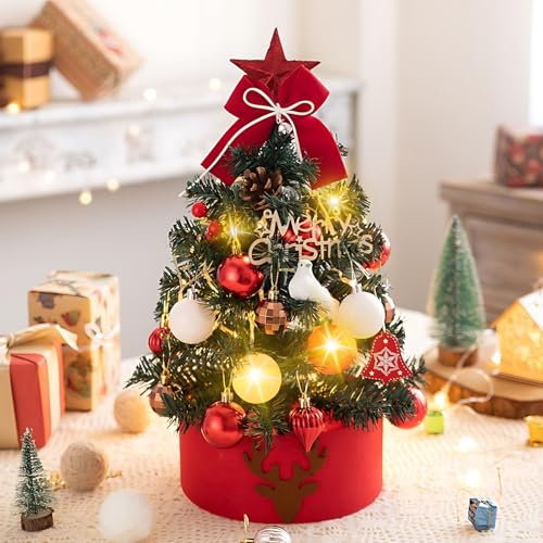 QKTYB Small Christmas Tree with Lights, 45cm Artificial Pre Lit Mini Christmas Tree, Battery Powered Table Top Christmas Tree, Small Xmas Tree for Desk, Office, Kitchen, Dining Table Decor (Red)