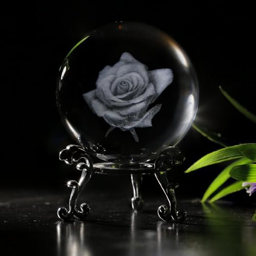 vskikris 60 mm 3D Crystal Rose Flower Figurine - Decorative Paperweight & Glass Ball with Stand – Home & Office Decor, Gifts for Women & Girls
