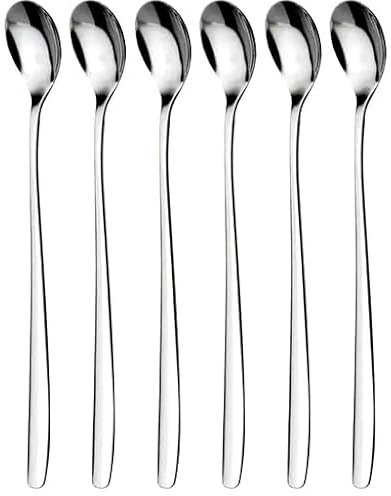 Longdrink Löffel, Latte Macchiato Löffel Set, 6-teilig, 22 cm lang, Eislöffel lang, Rührlöffel aus Edelstahl, Ideal für Eiskaffee, Cocktail, Eistee, Milchshake, Eisbecher