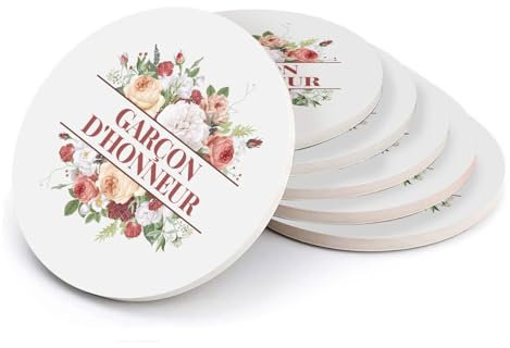 sous Verre Ronds en céramique - Garçon d'honneur Mariage Mariée Bouquet Fleurs - Lot de 6 (108 x 108 mm)