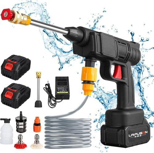 Pistola de Agua de Alta presión, 30Bar Limpiador de Alta presión con bateria 6000mAh, Cargador y Manguera 5m, 435PSI hidrolimpiadora de bateria 240 L/h para Limpieza de Coches/Suelos/Patios