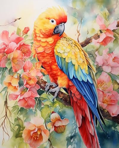 YarnAdventures Peinture par Numéros Adultes débutants,Fleurs Branches Animaux Perroquet,Acrylique Peinture Numero sur Toile,Kit de Peinture à l'huile sur Toile Bricolage,40x50cm sans cadre