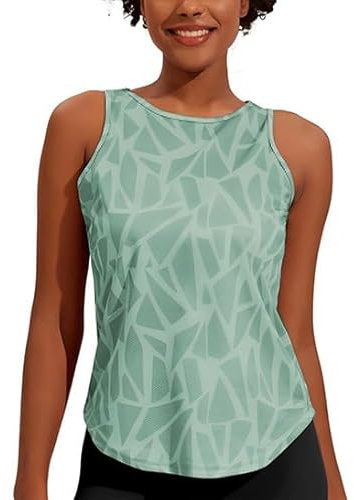 Weardear Damen Sport Tank Top Ärmelloses Fitness Crop Top Yoga Gym Workout Atmungsaktive Muscle Tanktop Geo-Druck Hellgrün L