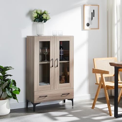 [en.casa] Vitrinenschrank Søndersø Vitrine mit Schublade und 2 Glastüren Mehrzweckschrank 70 x 31 x 115 cm Buffetschrank für Wohnzimmer Sonoma-Eichenoptik