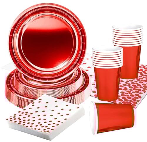 69pcs Metallic Red Party Tableware,Foil Red Paper Plates Cups Dot Napkins and Tablecloth Kit,Shiny Christmas Paper Dinnerware for Christmas Party Supplies Table Decorations