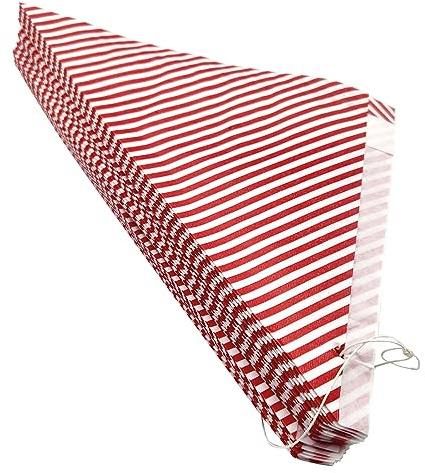 Spitztüten aus Papier Rot-Weiß Gestreift – 100 Stück auf Schnur – 125g Füllmenge – Süßigkeitentüten für Kirmes Jahrmarkt Hochzeit Events Bonbontüten | Mandeltüten | Schmalzkuchen | Pommestüten