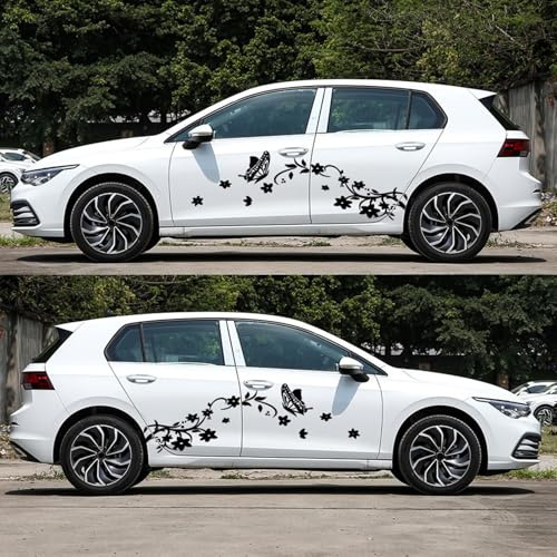 Adesivi per carrozzeria auto, motivo floreale e farfalla, grandi adesivi in vinile, autoadesivi, decorativi, per auto/camion/SUV, set di 2 pezzi (nero)