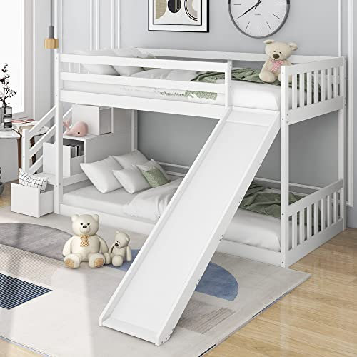 Miyemo Bunk Bed for Kids & Children, Wooden Cabin Bed Frame with Stairs and Slide, 3ft Children Bed Frame with 2 Single Bed & 2 Drawers, Solid Pine, 90 x190cm, White, (No Mattress)