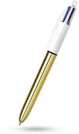 BIC 4 Farben Shine Kugelschreiber, Metall, Goldschaft, mittlere Spitze, 1,0 mm Tinte, Kugelschreiber, einziehbarer Seitenclip, mehrfarbige Stifte für Schule, Büro, Schreibwaren, Notizen, Farbkodierung