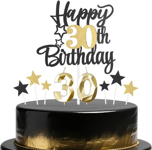 Black Gold 30th Birthday Candles Cake Toppers Set,30th Birthday Decorations for Men,Golden Number 30 Candle for Cake,Gold Candle Black Star Cupcake Toppers for Men Women Birthday Party Supplies