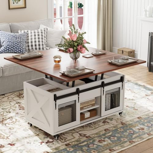 VOWNER Table Basse Relevable, Table de Salon Extensible Multifonctionnelle 3 en 1 avec Roues & Rangement Caché, Convertibleen à Manger de Salon, Style Ferme (Noyer)