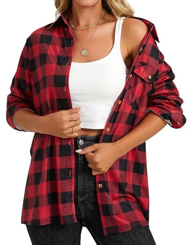 Enmain Ladies Check Shirt Long Sleeve Soft Stretchy Plaid Shirts for Women Traditional Oktoberfest Blouse Button Down Checked Tops Red 3XL