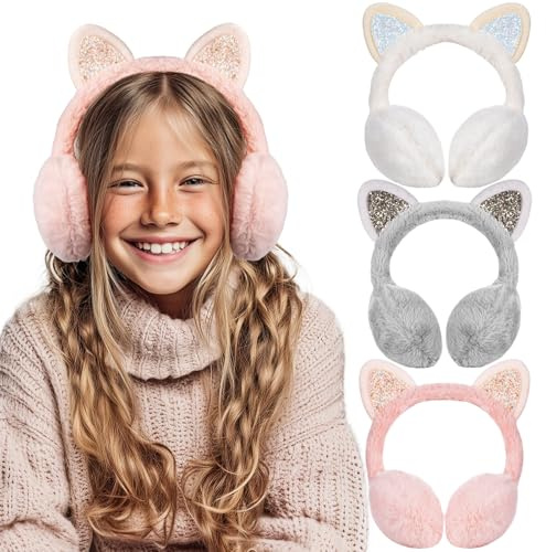 Kuchisity 3er-Pack Winter Ohrenschützer Kinder, Warm Plüsch Verstellbarer Outdoor Ohrenschützer für Mädchen Damen