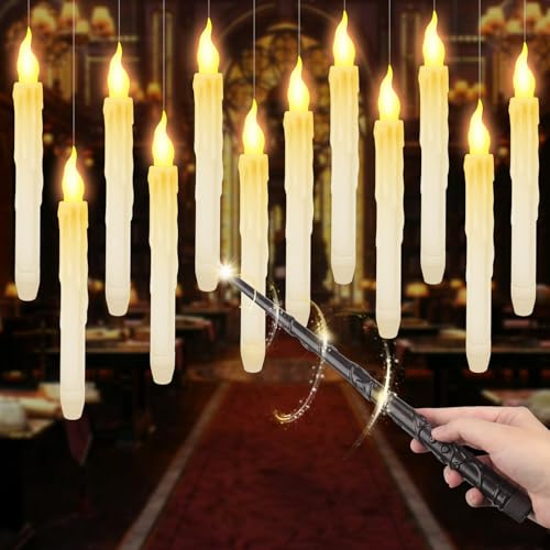 FENGQ 12 Stück Schwebende Kerzen mit Zauberstab, Flammenlose Led Kerzen mit Zauberstab Fernbedienung, Fliegende LED Kerzen, Floating Candles für Halloween Weihnachten Party, Tischdekoration