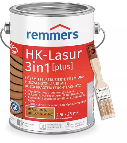 RemmersSet HK-Lasur 3in1 Plus + Pinsel Bandloo Set – Holzlasur für Außenbereich: Imprägnierung, Grundierung & Lasur in einem, Schutz vor Feuchtigkeit & UV-Strahlung, Varnish (Pinie/Lärche, 2,5 L)