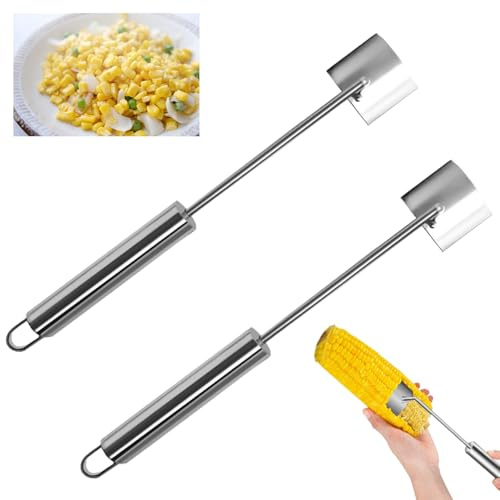 Huakaile 2 Packs Stainless Steel Corn on The Cob Stripper Tool Peeler, Long Handle Corn Kernel Remover Tool Cutter Thresher Scraper for Kitchen Chef Easy Peeling Stripping
