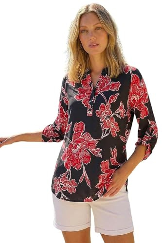 Roman Shirt for Women UK Ladies Top Collarless Blouse Stretchy Tunic Smart Casual Autumn Winter Jersey 3/4 Length Sleeve Notch V Neck Flattering Office Work - Size 12 - Floral Puff Black
