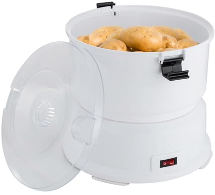 Éplucheur Pomme de Terre Électrique 85W, Appareil à Éplucher Auto, Préparateur Légumes 0.8kg, Lames Inox 430, Nettoyage Facile, Silencieux, Base Antidérapante, Idéal Maison Restaurant, Blanc