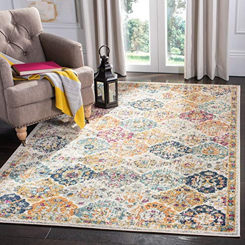 SAFAVIEH Distressed Teppich für Wohnzimmer, Esszimmer, Schlafzimmer - Madison Collection, Kurzer Flor, Creme und Multi, 91 X 152 cm