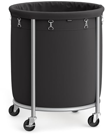 SONGMICS 50.2-Gallon (190 L) Laundry Basket with Wheels, Rolling Round Heavy-Duty Laundry Hamper Cart with Steel Frame and Removable Bag, 2 Locking Wheels, Ink Black and Metallic Silver URLS001B01