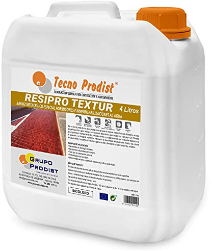 Tecno Prodist RESIPRO TEXTUR, (4 Litros) Barniz protector al agua para hormigón impreso, de altas prestaciones, base de resinas, gran anclaje, resistencia y durabilidad, no amarillea, Incoloro.