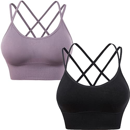 HANERDUN Damen Sport BH Yoga Bra mit Gepolstert Nahtlose Ohne Bügel und gibt Guten Halt Atmungsaktiv Riemchendesign und mittelstarkem für Fitness Lauf Joggen