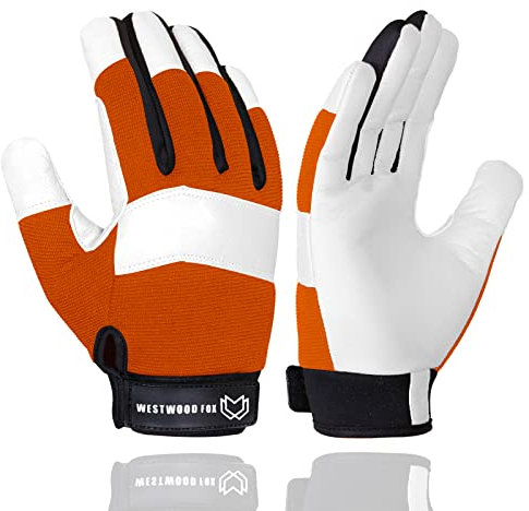 WESTWOOD FOX Garten-Arbeitshandschuhe, dornensicher, flexibel, strapazierfähig, Leder, für Mechaniker, Geschicklichkeit, atmungsaktiv, Konstruktionshandschuhe für Arbeit, Herren, Damen (Orange, M)