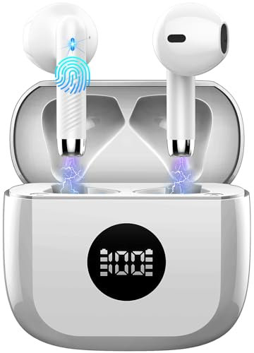 Bluetooth 5.3 Kopfhörer, In Ear Kabellos 2 Mikrofon, 2022 HiFi Stereo Kabellose LED Leistungsanzeige USB C, I-PX7 Wasserdichte Sport Ohrhörer 40H Spielzeit Weiß