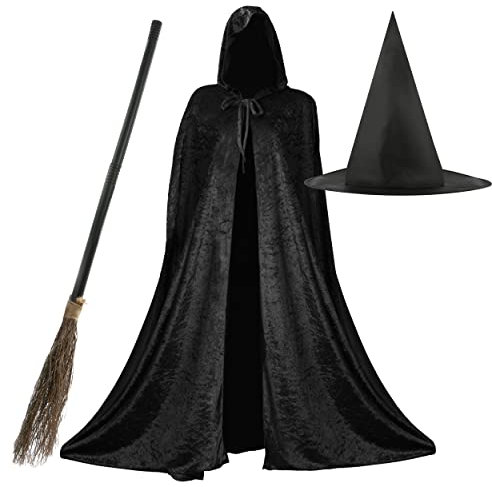 Ladies Halloween Witch Costume - Black Velour Cape, Pointed Witch Hat and 3-Piece Witch Broom - Adults Halloween Trick or Treat Fancy Dress