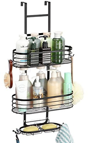 Étagère de Douche à Suspendre, Rangement Douche Sans Percage,Panier De Douche Suspendu En Acier Inoxydable Sur La Porte avec crochets/plateau de savon,Support Douche 2 Niveaux - Noir