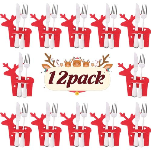 Minicloss Besteckhalter Weihnachtsbaum 12 Stück Filz Weihnachten Besteckbeutel Rot Elch Besteckbeutel Weihnachten Bestecktaschen Besteckhalter Weihnachten für Besteck Messer Gabeln Löffel Party Tisch