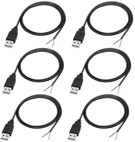 Greluma 6 Piezas Cable flexible USB de 22 AWG, cable USB 2.0 de 2 hilos, extremo abierto de cable desnudo de 2 pines, cable USB macho de 1 m, cable de alimentación con enchufe USB de 12 V 3 A, negro