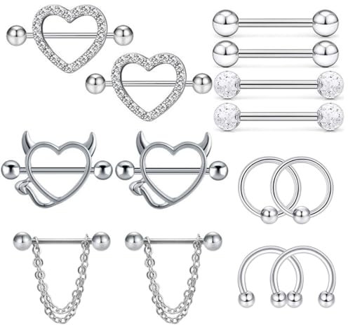 KSJEHW 7 Paar 14G Nippelpiercing Chirurgenstahl für Damen Brustwarzenpiercing Zungenpiercing Edelstahl Nippel Piercing Schmetterling Herz Barbell Piercing Körperschmuck Set für Frauen Mädchen