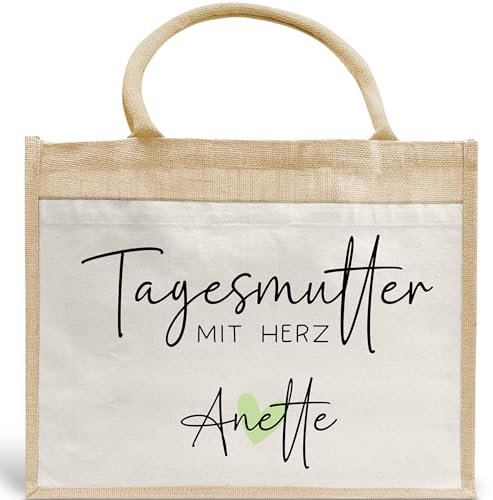 Tagesmutter mit Herz Tasche mit Namen - kleines Geschenk - Dankeschön Juteasche Abschiedsgeschenk - Beste Tagesmutter mit Wunschtext