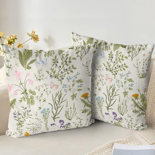 XPHZZL Cushion Covers Set of 2 Pack 60 x 60 cm - Soft Sage Green Wild Flower Plant Pillow Covers for Sofa Bed Garden Outdoor Spring Decor Flower Plant with Invisible Zipper 24 x 24 Inch