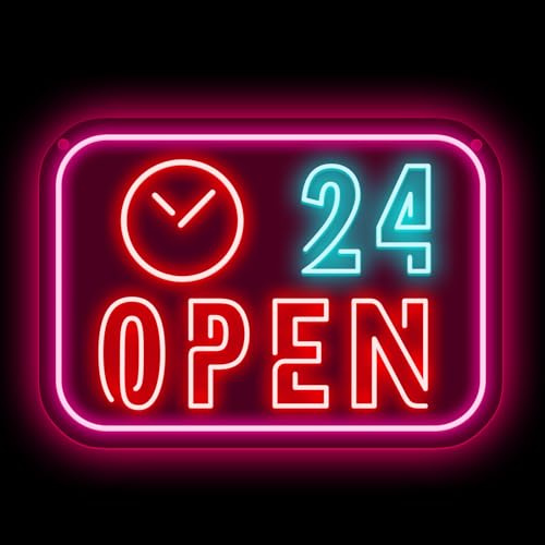 24 Hours OPEN Multi-color Neon Sign Light Decoration LED Neon Light Suitable For Convenience Store Business Light Flower Shop Window Hotel Cafe Night Shop Decoration (14.96X10.63)