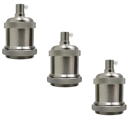 E27 Edison Screw Lamp Holder, Solid Brass Metal Bulb Socket Adapter, Satin Nickel Finish, Vintage Threaded Light Fitting for Antique Filament Bulbs, UK Made, 3 Pack