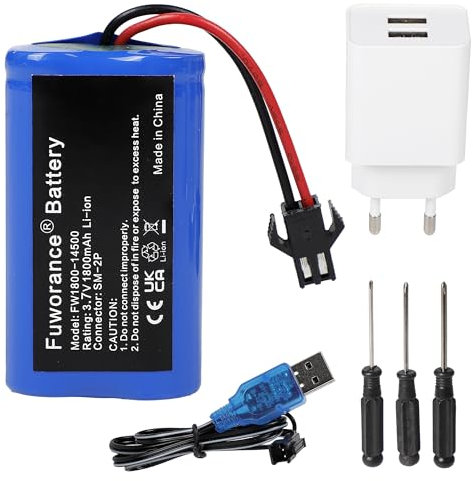 Fuworance 1800mAh 3.7V Batteries Lithium-ION de Remplacement Piles Rechargeables Li-ION avec SM-2P USB Chargeur Connecteur pour Bateaux Chars Voitures RC Navires Robot Prise Européenne