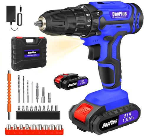 21V Cordless Drill,Electric Drill Set,45Nm Cordless Combi Drill with 25+1 Torque Setting,2x1.5AH Battery,26PCS Accessories,2 Variable Speed, LED Work Light,Home and Garden DIY Project Kit